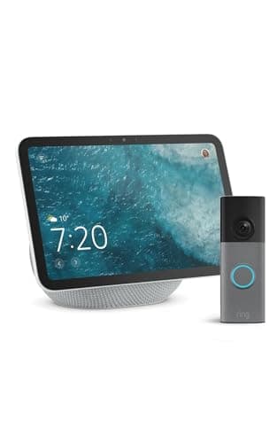 Image of Amazon Echo Show 8 (newest gen), Glacier White + Ring Battery Video Doorbell (newest gen), Speckled Grey