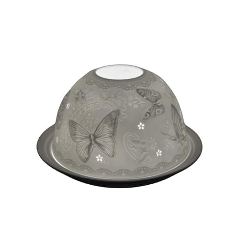 Image of Nordic Lights Butterflies Porcelain Tealight Holder Dome | Candle Holder Projecting a 3D Image Use with Scented Candle, LED Light | Room Decor Lights | Shade & Plate Set with Gift Box