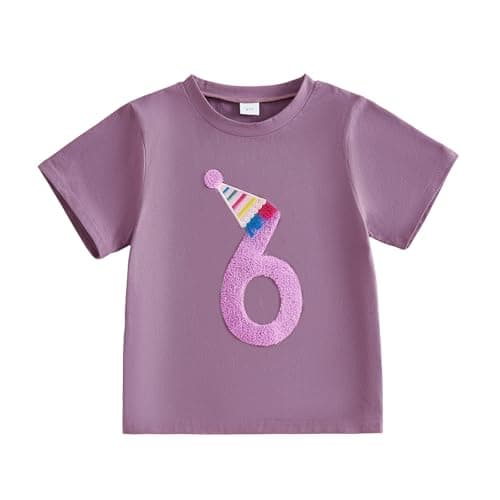 Image of MAHUAOYIXI Baby Girls Birthday Tops for Kids Girls T Shirt Short Sleeve Crewneck Number Embroidery Pullover Toddler Birthday Summer Clothes (Purple SIX, 6-7 Years)