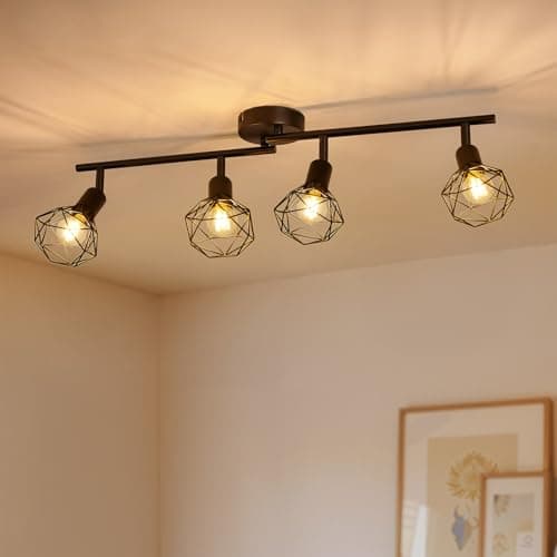 Image of Gr4tec Spot Lights Ceiling 4 Way, Retro Kitchen Lights Ceiling E14, Black Ceiling Light Fittings, Adjustable Wire Cage Spotlights Bar for Hallway Bedroom Living Room, Bulb Not Included