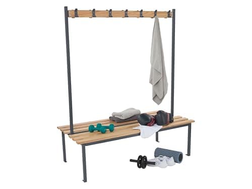 Image of Changing Room Bench, Heavy Duty Powder Coated Steel Frame with Wooden Slats, 1500mm Wide Cloakroom Benches with Clothing Hooks for Schools, Gyms, Leisure Centres (Grey, Double Sided)