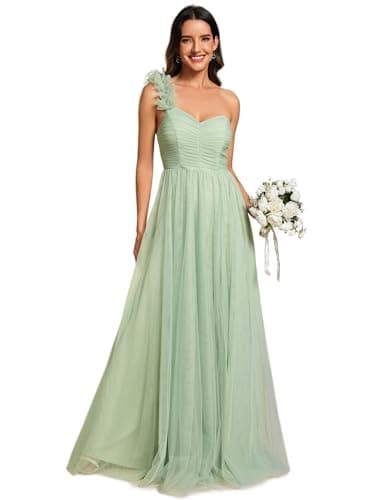 Image of Ever-Pretty Women's One Shoulder Sexy Pleated A-Line Maxi Prom Dresses Bridesmaids Sage Green Dresses 14UK