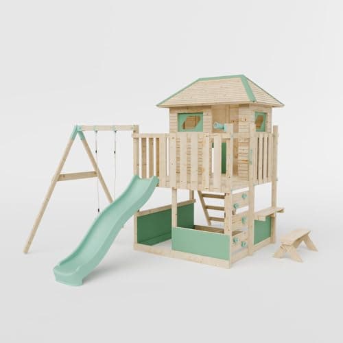 Image of Waltons Wooden Outdoor Kids LittleSummit Large Tower Playhouse with Swing & Toddler-Friendly Features | Pressure-Treated Timber Garden Playset for Children | Handmade in the UK