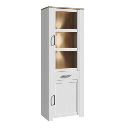 Image of Rustic Wooden Riviera Oak Tall Large Home Display Storage Cabinet With Glass Door, Drawer & LED Lights | Wood Dining Room Unit, Living Room Cabinet, Home Furniture (White)
