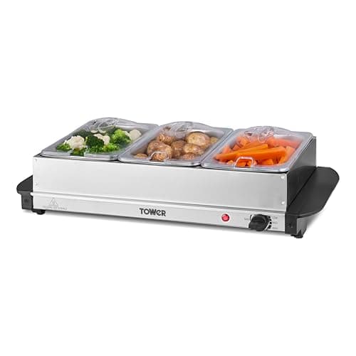 Image of Tower Buffet Server with 3 x 1.5L Tray Capacity & Adjustable Temperature Controls, Cool Touch Handles, 200W, Stainless Steel, T16150