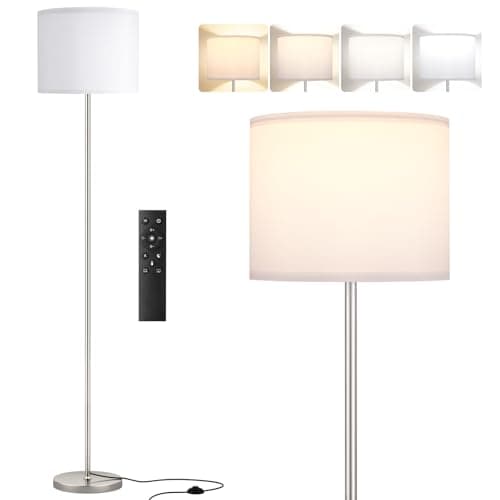 Image of PreeOtti Modern Simple Floor Lamp with Remote, Foot Switch, White Shade and Silver Standing Lamp for Living Room (9W Bulb Included)