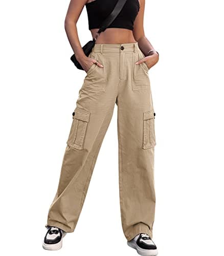 Image of Breampot Womens Cargo Trousers High Waist Hiking Walking Combat Pants Casual Work Bottoms Outdoor Streetwear(Khaki,Small)