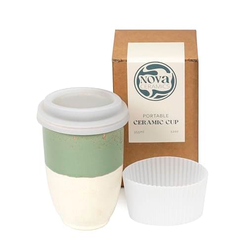 Image of NOVA CERAMICS Travel Mug - Ceramic to Go Coffee Mug with Lid – Travel Mug Ceramic to Go Cup – Microwave & Dishwasher Safe Ceramic Coffee Mug with Lid - Gifts for Women Men Him Her – 12oz – Sage Green