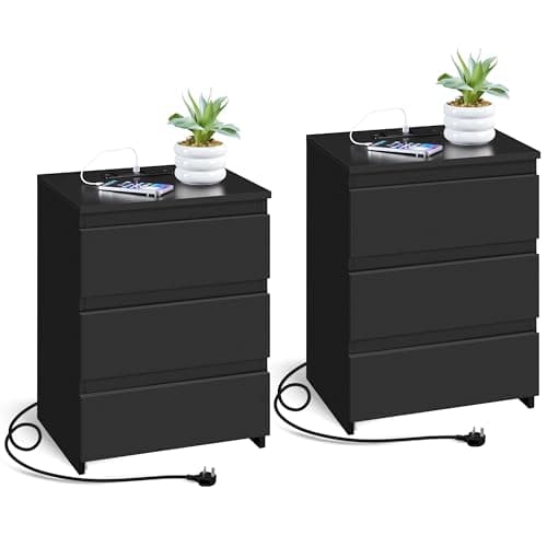 Image of Yaheetech Bedside Tables Set of 2 with Charging Station - Nightstand with 2 USB Ports, 2 Outlets & 3 Drawers, End Table for Bedroom, Living Room, Small Spaces, Black