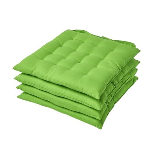 Image of HOMESCAPES Lime Green Seat Pads for Dining Chair, Set of 4 100% Cotton Chair Pads with Straps, 40x40 cm