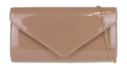 Image of Girly Handbags Womens Patent Clutch Bag with Chain Strap Glossy Evening Handbag for Party, Wedding Guest & Night Out, Small Envelope Shoulder Crossbody Bag (Taupe)
