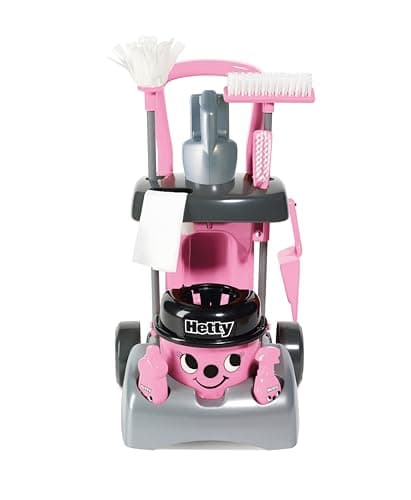 Image of Casdon Henry & Hetty Toys - Hetty Deluxe Cleaning Trolley - Red Henry-Inspired Toy Playset with Working Hand Vacuum - Kids Cleaning Trolley Set with Accessories - For Children Aged 3+