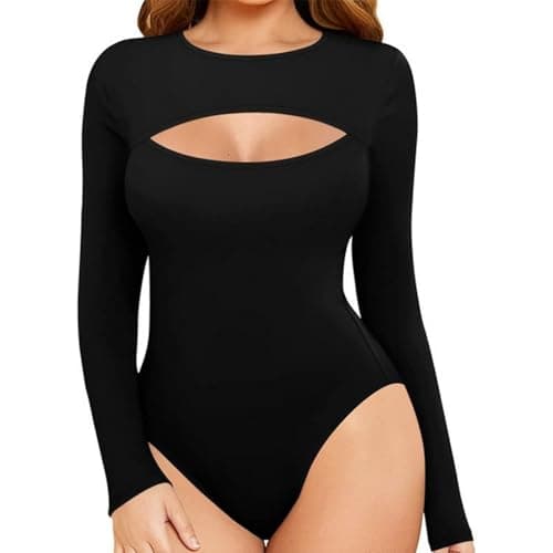 Image of SamHeng Bodysuit for Women Long Sleeve Body Suits Mock Neck Ladies Tops Going Out Slim Fit Casual Bodysuits Leotard Skin-friendly Thong with Snap Closure(Black/L)
