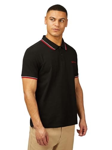 Image of Ben Sherman Men's Signature Pique Polo T-Shirt, 100% Organic Cotton, Regular Fit (Black.) L