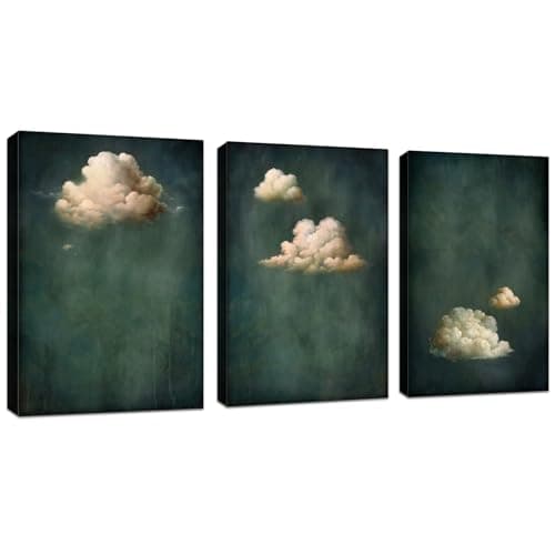 Image of FajerminArt 3 Pcs Modern Dark Green Canvas Wall Art Minimalist Abstract White Clouds Pictures Canvas Print Paintings for Living Room Bedroom Office Ready To Hang Stretched On Frame 30x40cmx3 Pcs