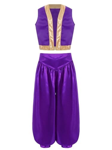 Image of Linjinx Boys Super Cartoon Plumber Outfit Game Character Clothes Arabian Prince Vest Bloomers Set Purple 11-12 Years