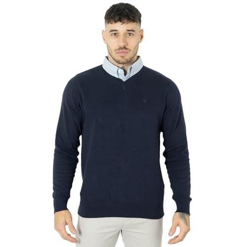 Image of NOROZE Men's Jumper Mock Collar Knitted V-Neck Plain Classic Sweater Pullover Knitted Sweatshirt (M, Navy)
