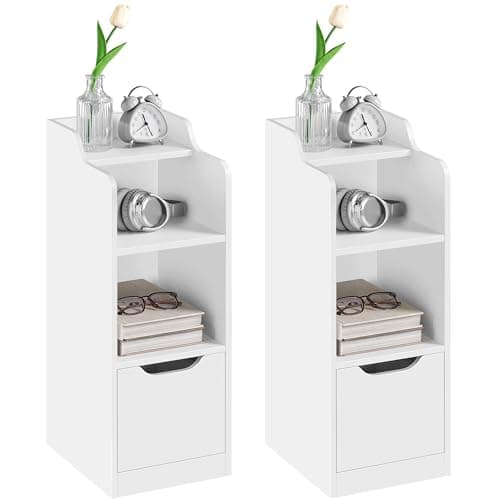 Image of Yaheetech Slim Bedside Tables Set of 2, Narrow Side Table with Drawer & Open Shelf, Bedside Cabinet with Compartment for Bedroom/Living Room Compact Nooks, White