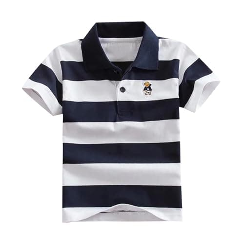 Image of duxyoz Boys Toddler Kids Short Sleeve Polo Shirts Summer Clothe Classic Stripe Printed School Uniform Shirt Casual Moisture Wicking Soft Breathable Cotton Tops Pique Polo Shirts 5-6 Years