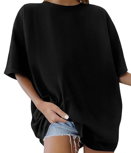 Image of PASUDA Women's Oversized T Shirts Loose Summer Casual Tops Short Sleeve Drop Shoulder Crewneck Tee Cotton Solid Color Top Loose Baggy Vintage Shirts (Black, M)