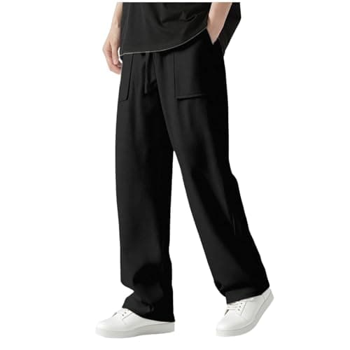 Image of Aopir Men's Cotton Linen Cargo Trousers Casual Loose Fit Waist Pants with Side Pockets Lightweight Summer Trousers