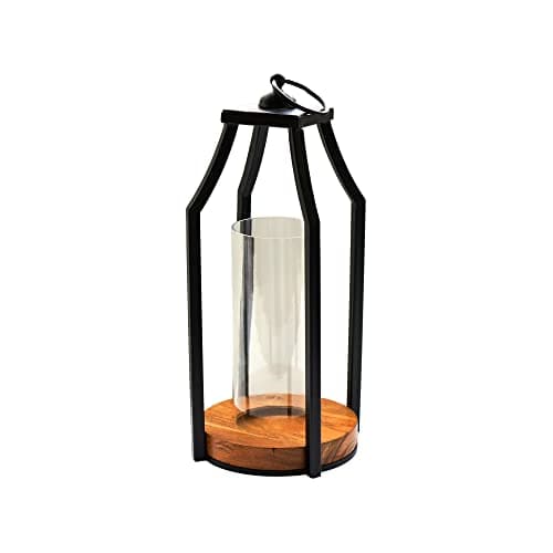 Image of Ivyline Felicity Metal Lantern in Black with Handle - Robust Acacia Wood Circular Base - Decorative Portable Lights Candle Holder - H44 x W20 cm
