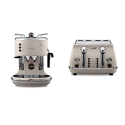 Image of De'Longhi Vintage Icona Traditional Barista Pump Espresso Machine, Coffee and Cappuccino Maker & Icona Vintage 4 slot toaster, reheat, defrost, one-side bagel & 6 browning settings, CTOV4003BG, Beige