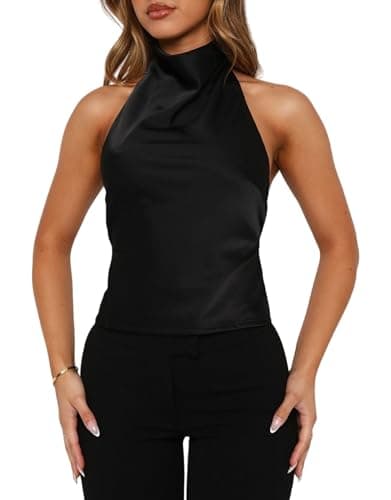 Image of Women Silk Halter Neck Top Open Back Satin Vest Shirt Sleeveless Crop Backless Tank Going Out Tops(Basic Black,S)