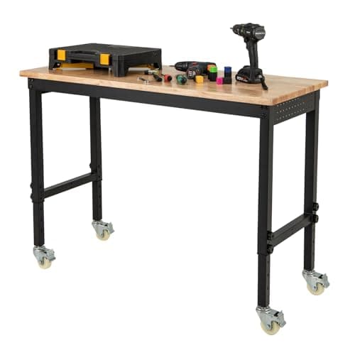 Image of COSTWAY Adjustable Workbench, 4-Level Height Rolling Garage Work Bench with 4 Lockable Casters and Bamboo Top, Heavy Duty Steel Workstation,1100kg Load Capacity (Natural, 122 x 51 x 74-104cm)