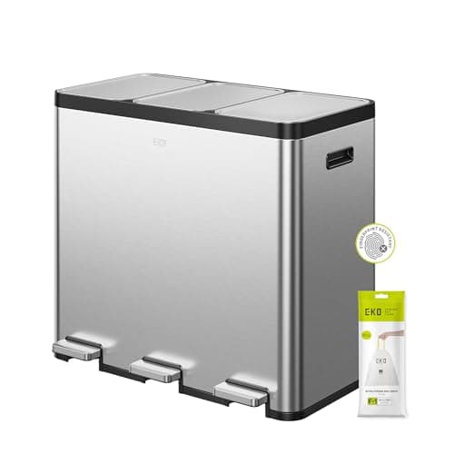 Image of EKO Ecocasa Recycling Bin 20L+20L+20L, Stainless Steel 3 Compartment Rubbish Bin with Individual Pedals for Kitchen Waste Separation, Plastic Inner Buckets and Handles, Soft Closure, Matt Metallic