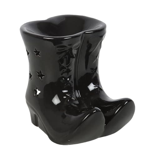 Image of Black Witch Boots Oil Burner | Ceramic Star Cut-Out Design | Tealight Holder | Gothic Home Fragrance Spellcaster Decor