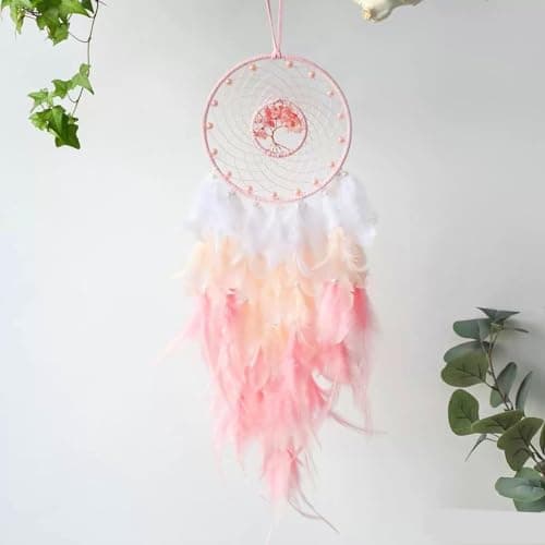 Image of JZK Crystal stones Tree Of Life white pink feather dream catcher with beads for girls women birthday, baby kids bedroom decoration, wall hanging ornament, wedding gift
