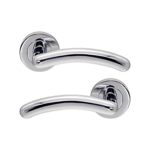 Image of Infinity Decor Pair of Tang Curved Lever Door Handle on Round Rose Set Polished Chrome Interior Pull Handles – Ideal for Interior and Exterior use