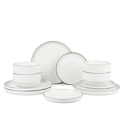 Image of Waterside 12pc Green Rim Stacking Porcelain Dinner Set; 4 Dinner Plates, 4 Side Plates & 4 Deep Bowls - Dishwasher & Microwave Safe