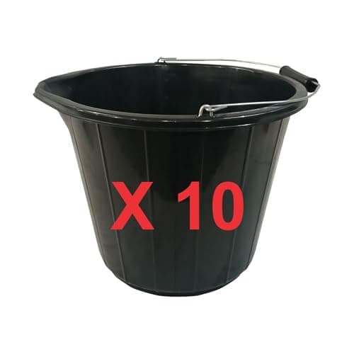 Image of RelianceUK 10 X 14L (3 Gallon) Black Plastic Builders Buckets with Metal Handles | Heavy Duty Buckets for Garden, Car Wash, Cement Mixing, Water Storage | (14 Litre / 10 Pack)