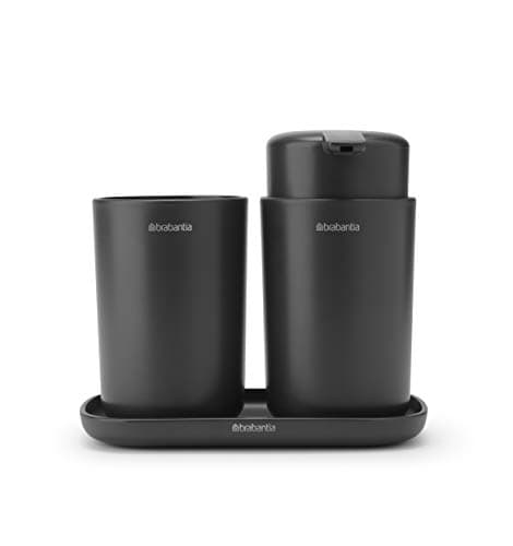 Image of Brabantia ReNew 3 Piece Bathroom Accessory Set, Refillable Handwash Soap Dispenser, Toothbrush Holder & Tray, Set of 3, Dark Grey