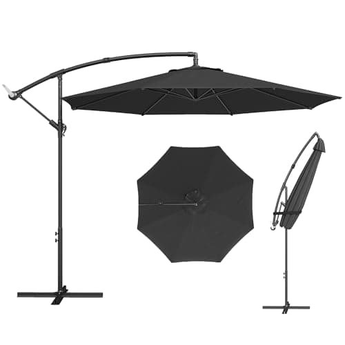 Image of Outsunny 3(m) Garden Banana Parasol Hanging Cantilever Umbrella with Crank Handle, 8 Ribs and Cross Base for Outdoor, Sun Shade, Black
