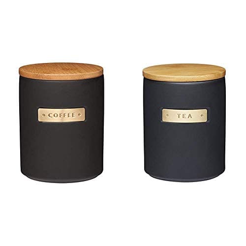 Image of masterclass KitchenCraft Airtight Stoneware and Brass-Effect Coffee Storage Canister, 1 Litre Airtight Stoneware and Brass-Effect Tea Storage Canister, 1 Litre