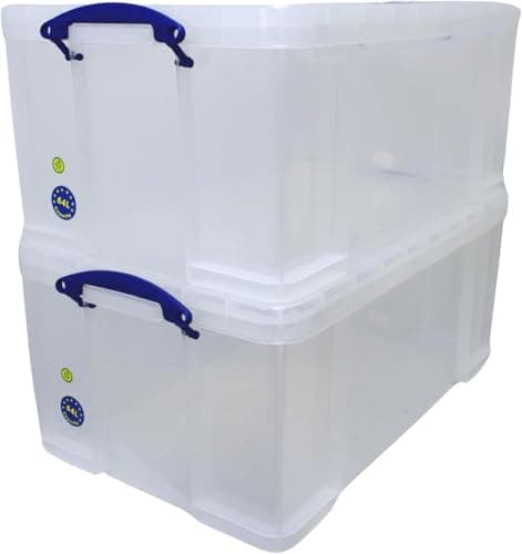 Image of 64 Litre Really Useful Plastic Storage Box with Lid, Pack of 2; Clear Stackable Durable Material Spacious Capacity