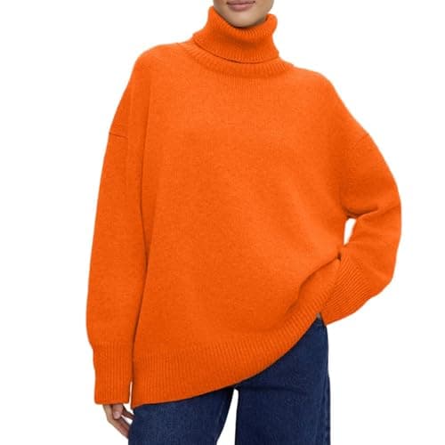Image of Ladies Roll Neck Jumper Faux Cashmere Elegant Turtle Neck Women Sweater Soft Knitted Basic Pullovers O Neck Loose Warm Female Knitwear Jumper (Orange)