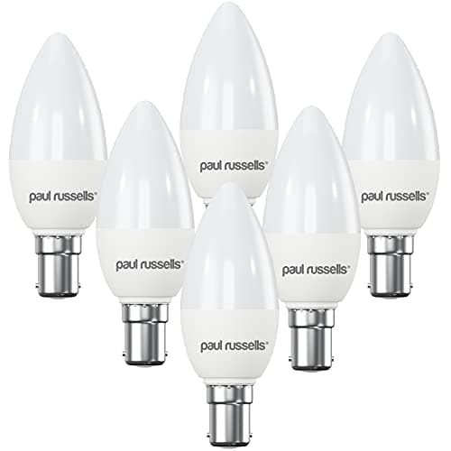 Image of paul russells LED Light Small Bayonet Cap B15, 60watt Equivalent, 6.5W 806LM LED Bulbs, 2700K Bright Warm White, Frosted C35 SBC Candle Energy Saving Non-Dimmable Chandelier Lightbulbs, 6 Pack