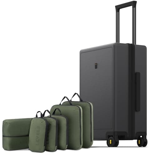 Image of LEVEL8 Carry on Suitcases with 6 Set Packing Cubes, 100% PC Trolley Case Micro-Diamond Textured Design 8 Spinner Wheels Hard Shell, TSA Approved Cabin Luggage (50cm, 40L,Dark Grey)