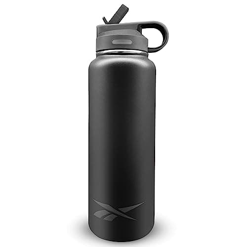 Image of Reebok Stainless Steel Water Bottle With Straw & Athletic Design - Insulated Water Bottles 32 oz - Double Wall Vacuum Insulated Sports Water Bottle With Straw, BPA Free (Black)