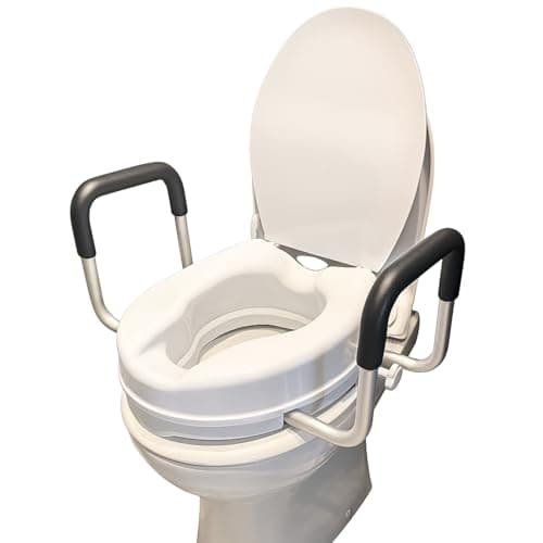 Image of Raised Toilet Seat Riser with Handles Adds 4 Inches (10cm) Height, Foam Padded Arms, Tool-Free Installation, Easy Fit, Secure Mounting Ideal for Seniors & Recovery
