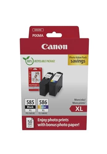Image of Canon PG-585XL / CL-586XL Genuine Ink Cartridges, Pack of 2 (1x Black, 1x Colour), Includes 50 Sheets of 4x6 Photo Paper - Compatible with PIXMA TS7650i / TS7750i