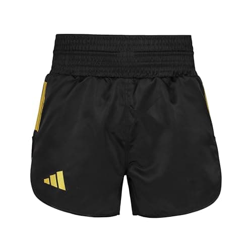 Image of adidas Thai Shorts - Lightweight Polyester Muay Thai Shorts with Large Elasticated Waistband, Traditional Cut with Embroidered Logo - for Sparring and Martial Arts Training - Black, Medium