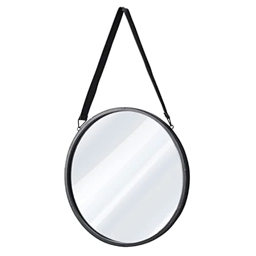 Image of Floralcraft Round Wall Mirror 50cm – Black Metal Hanging Mirror with Leather Strap, Ready to Hang, Modern Decorative Mirror for Hallway, Bedroom & Living Room
