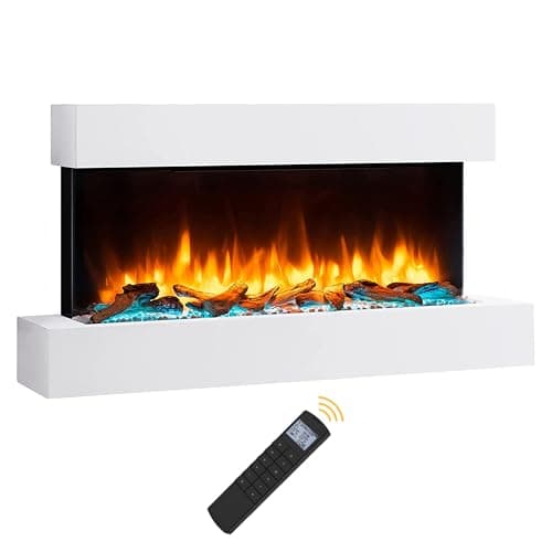 Image of Endeavour Fires Runswick 43" Wall Mounted Electric Fireplace with Off-White Surround, Log/Stone/Crystal Fuel Beds, Realistic Flame Effects & LED Lighting, 1–2kW Heater, Remote Control