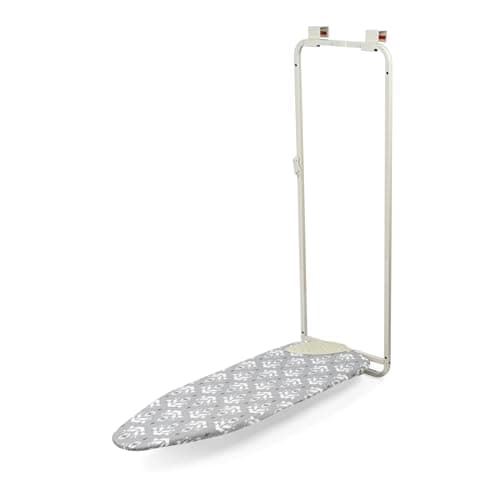 Image of Beldray Overdoor Ironing Board – Foldable Door Mounted Iron Board with Cover, Thick Felt Underlay, Compact, Silicone Iron Rest Pad, Cushioned Hooks, Non-Scratch, Space Saving, 110 x 33 cm, Grey