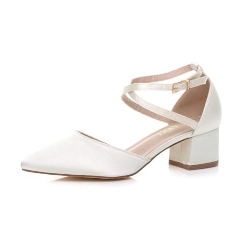Image of AJVANI Womens Ladies mid Block Heel Cross Strap Evening Mary Jane Court Shoes Size 7 40 Ivory Satin